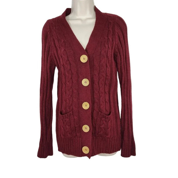Zenana Outfitters Sweaters - Zenana Outfitters Button Up Cardigan Cable Sweater Size M Burgundy Red Acrylic